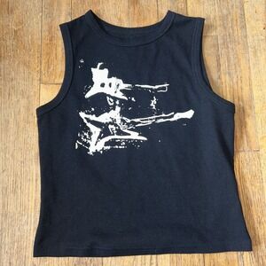 Guitar Print Sleeveless Crop Tank‎ Y2K Ribbed Women's S Grunge Streetwear Goth